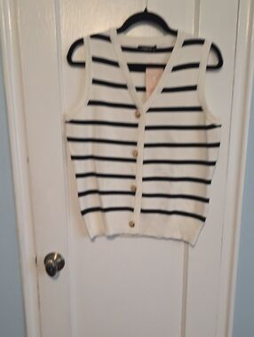 Striped Cream and Black Sleeveless Button Front Tank Top